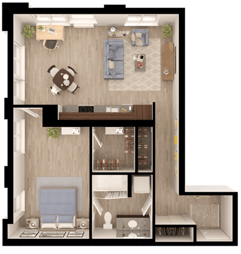 Floor plan for 1 bed, 1 bath, 867 sqft